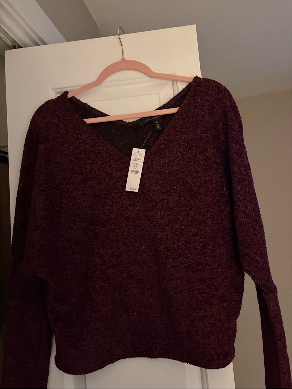 White House Black Market Burgundy V-Neck Bouclé Sweater